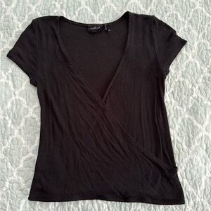 Black Short Sleeve Faux Wrap Top